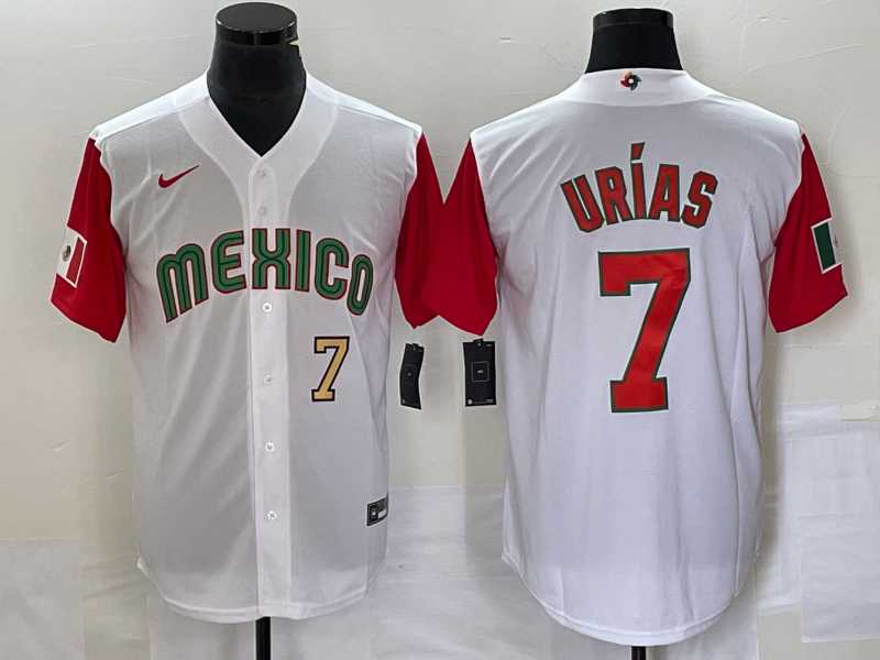 Men%27s Mexico Baseball #7 Julio Urias Number 2023 White Red World Classic Stitched Jersey 18